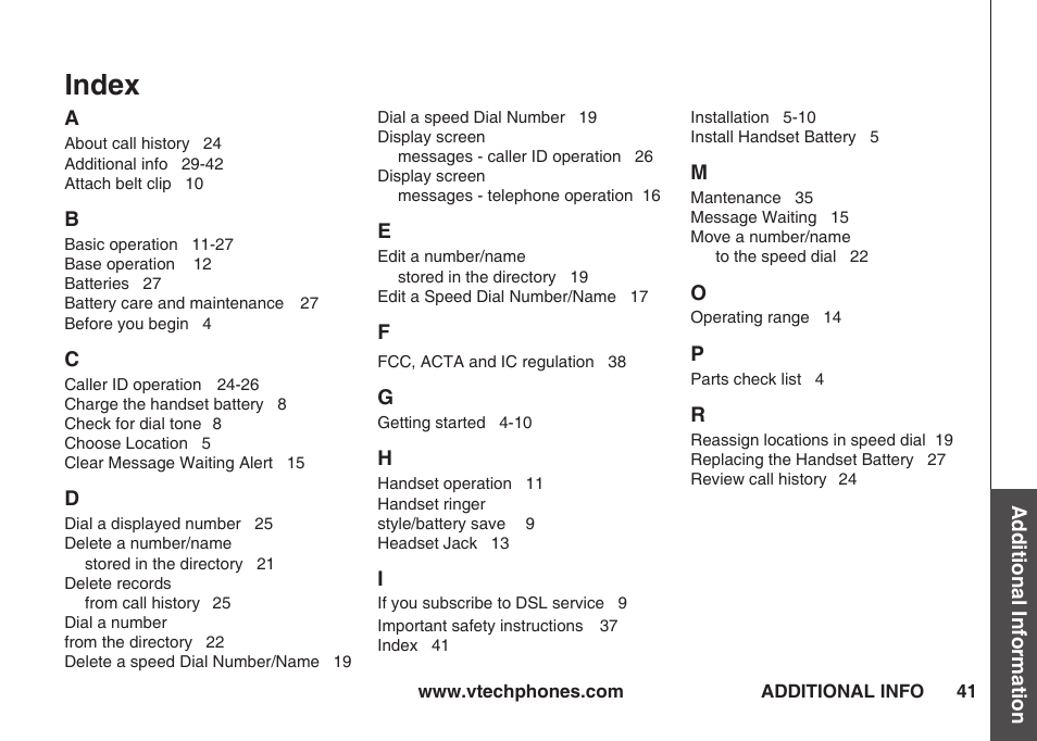 Index | VTech IA5823 User Manual | Page 42 / 44