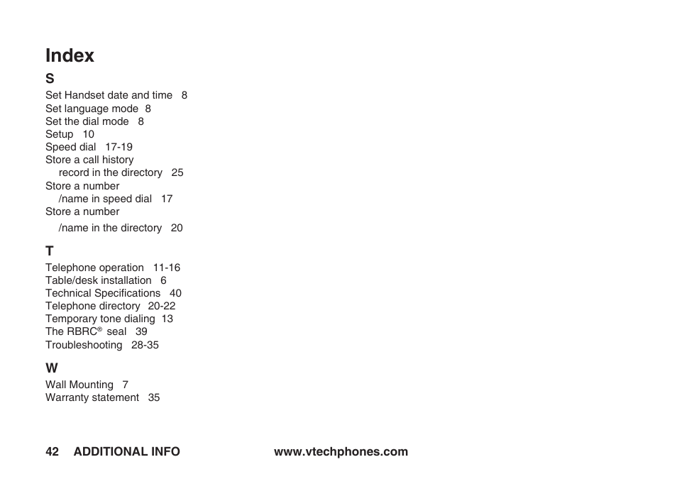 Index | VTech IA5823 User Manual | Page 43 / 44