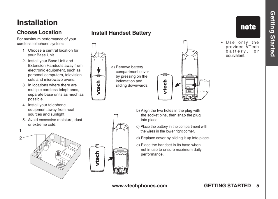Installation, Choose location, Install handset battery | Gett in g s ta rte d | VTech IA5823 User Manual | Page 6 / 44