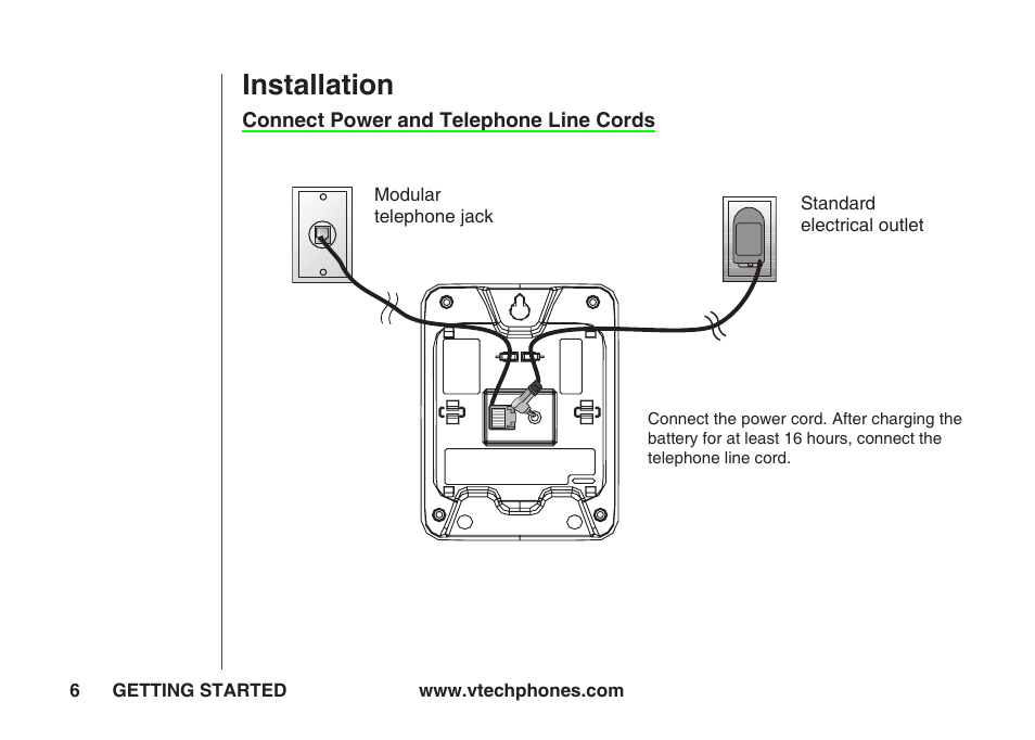 Connect power and telephone line cords, Installation | VTech IA5823 User Manual | Page 7 / 44