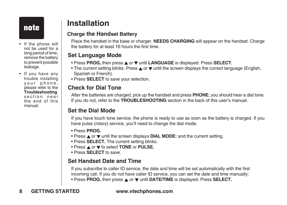 Charge the handset battery, Set language mode, Check for dial tone | Set the dial mode, Set handset date and time, Installation | VTech IA5823 User Manual | Page 9 / 44