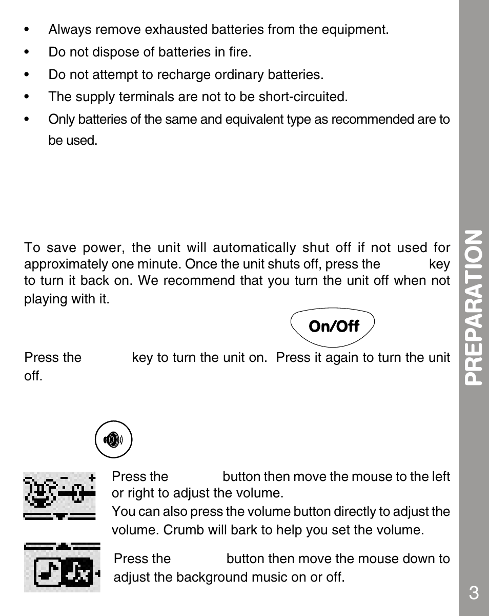 Preparation, Automatic shut-off, Turning the unit on/off | Adjusting the volume & background music | VTech 80-067848 User Manual | Page 5 / 14