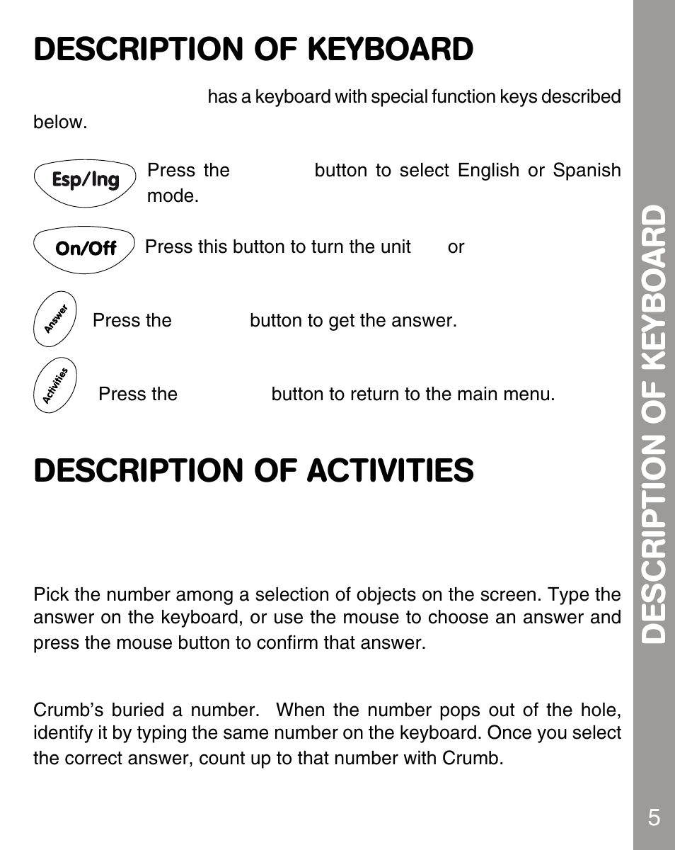 Description of keyboard, Description of activities, Numbers | VTech 80-067848 User Manual | Page 7 / 14