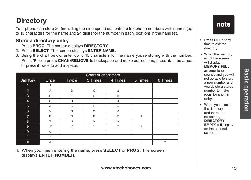 Directory, Bas ic o pe ra tio n, Store a directory entry | VTech Amplified Phone User Manual | Page 18 / 58
