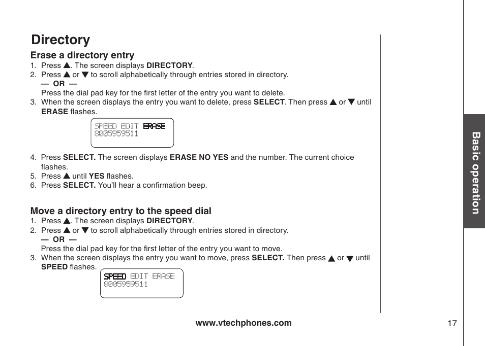 Directory, Bas ic o pe ra tio n | VTech Amplified Phone User Manual | Page 20 / 58