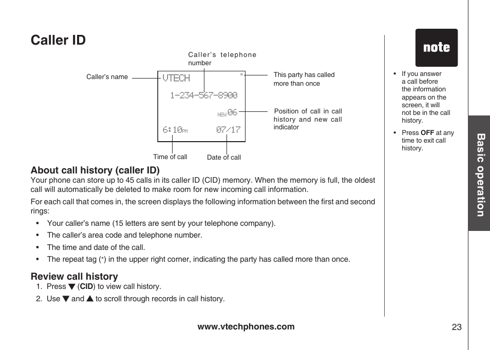 Caller id, Bas ic o pe ra tio n | VTech Amplified Phone User Manual | Page 26 / 58