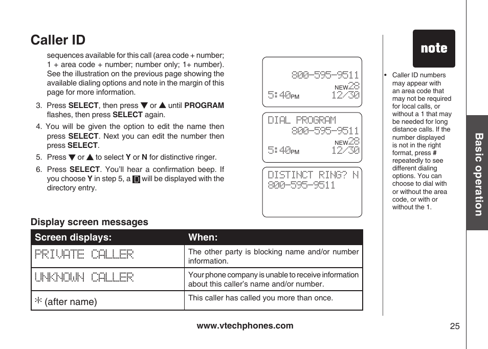 Caller id, Bas ic o pe ra tio n | VTech Amplified Phone User Manual | Page 28 / 58