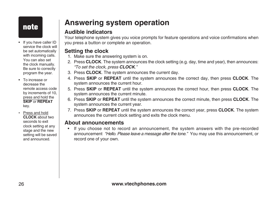 Answering system operation | VTech Amplified Phone User Manual | Page 29 / 58