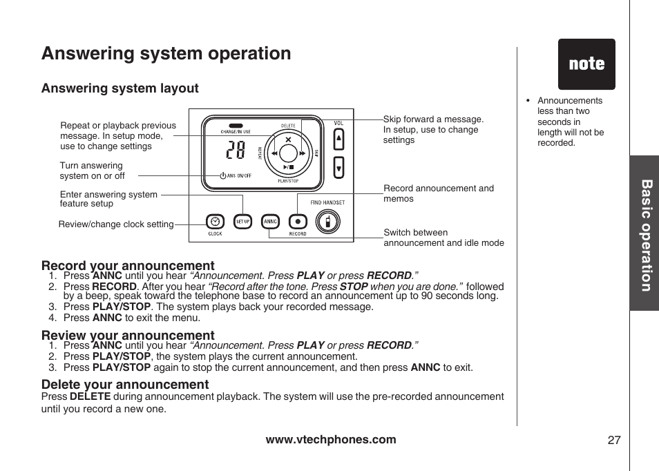Answering system operation, Bas ic o pe ra tio n | VTech Amplified Phone User Manual | Page 30 / 58