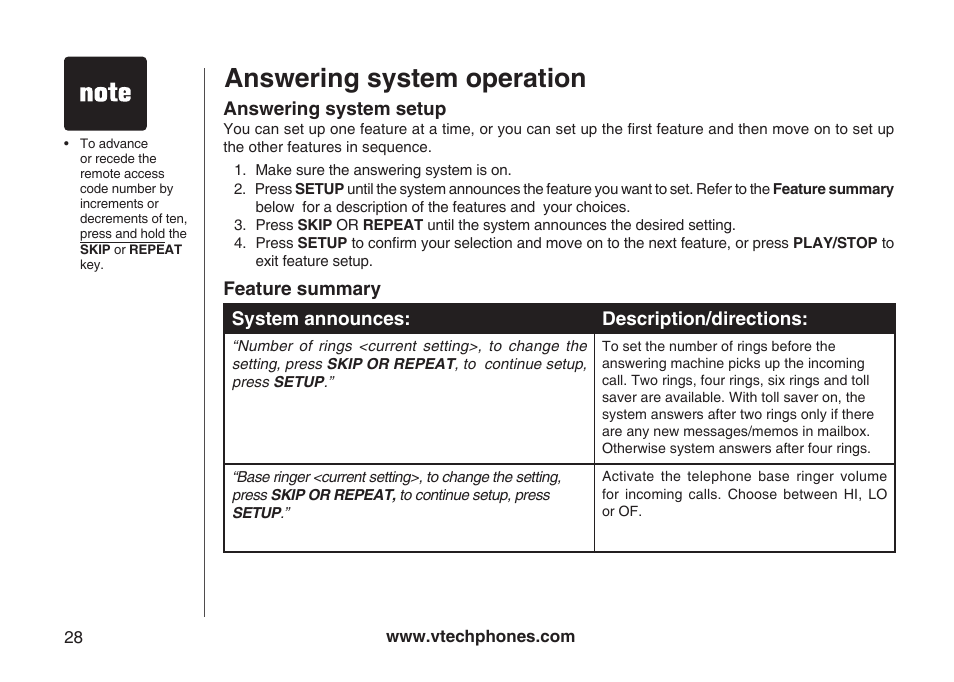 Answering system operation | VTech Amplified Phone User Manual | Page 31 / 58
