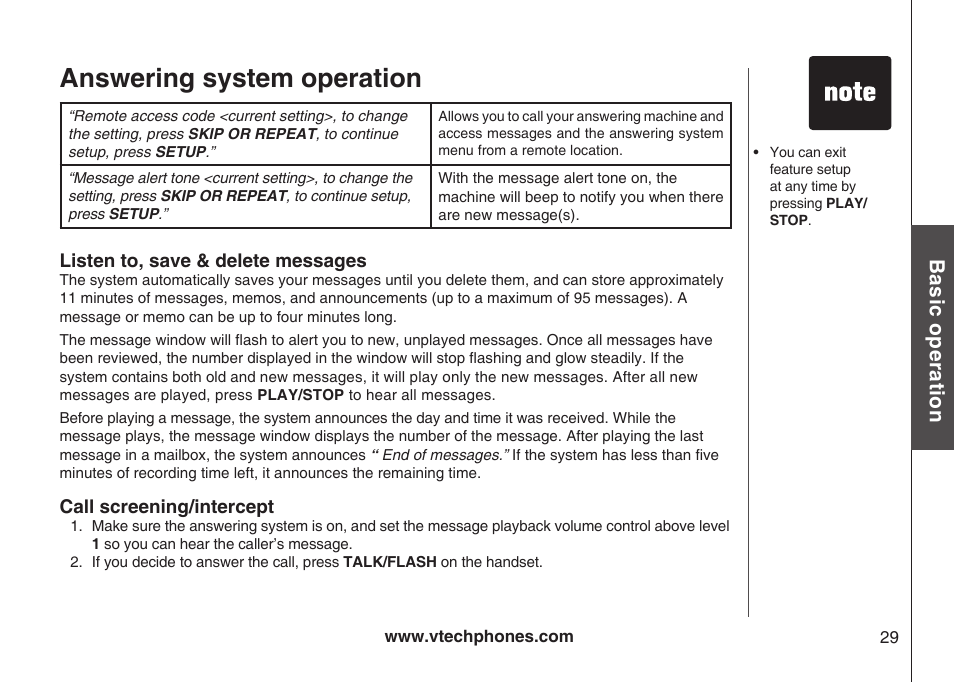 Answering system operation, Bas ic o pe ra tio n | VTech Amplified Phone User Manual | Page 32 / 58