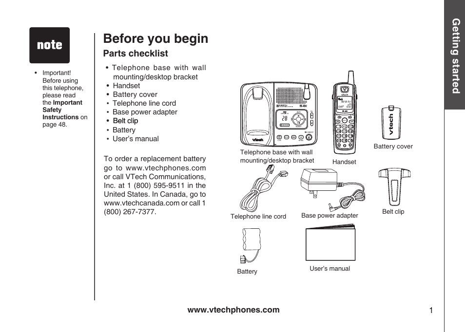 Before you begin, Gett in g s ta rte d | VTech Amplified Phone User Manual | Page 4 / 58