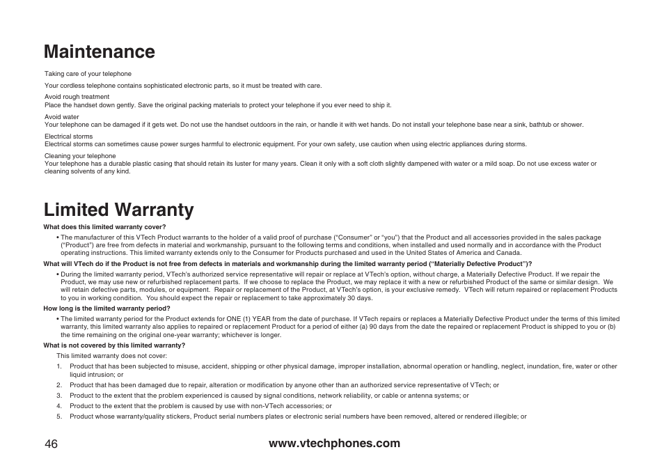 Maintenance, Limited warranty | VTech Amplified Phone User Manual | Page 49 / 58