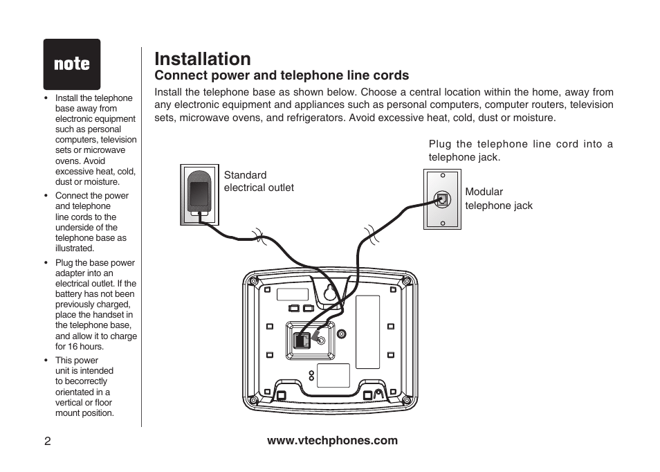 Installation, Connect power and telephone line cords | VTech Amplified Phone User Manual | Page 5 / 58