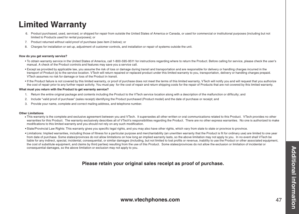 Limited warranty, Additional information | VTech Amplified Phone User Manual | Page 50 / 58