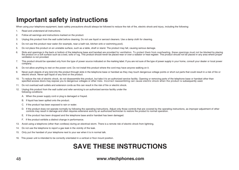 Important safety instructions, Save these instructions | VTech Amplified Phone User Manual | Page 51 / 58