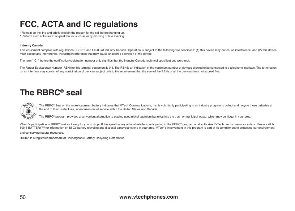Fcc, acta and ic regulations, The rbrc, Seal | VTech Amplified Phone User Manual | Page 53 / 58