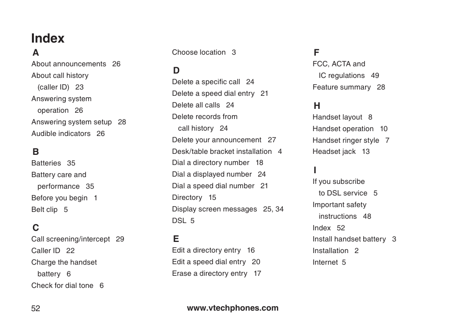 Index | VTech Amplified Phone User Manual | Page 55 / 58