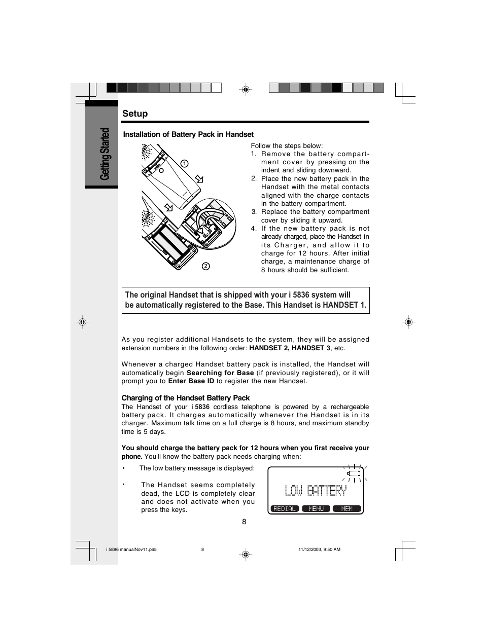 Getting started, Setup | VTech i 5836 User Manual | Page 10 / 60