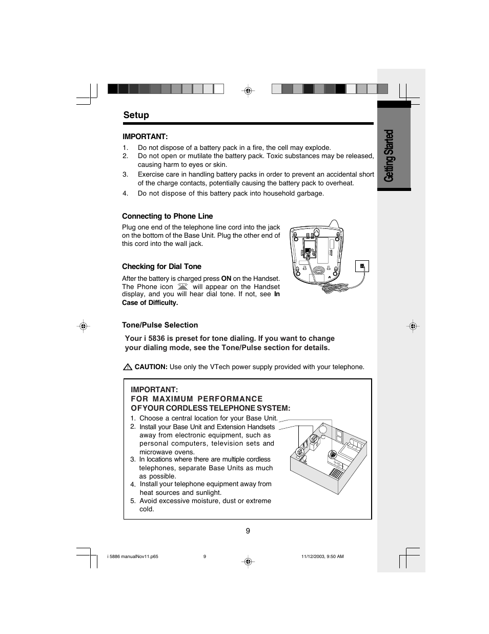 Getting started, Setup | VTech i 5836 User Manual | Page 11 / 60