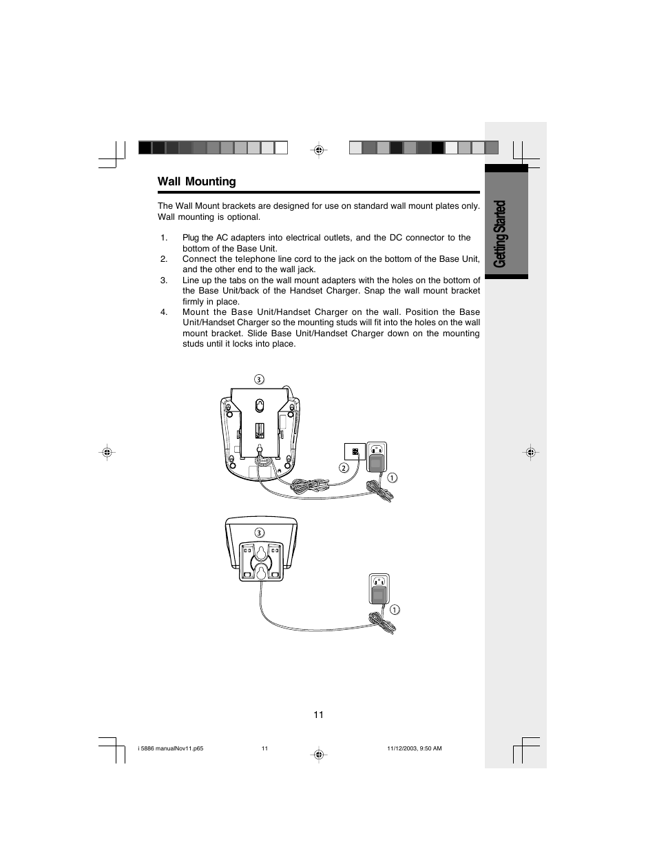 Getting started, Wall mounting | VTech i 5836 User Manual | Page 13 / 60