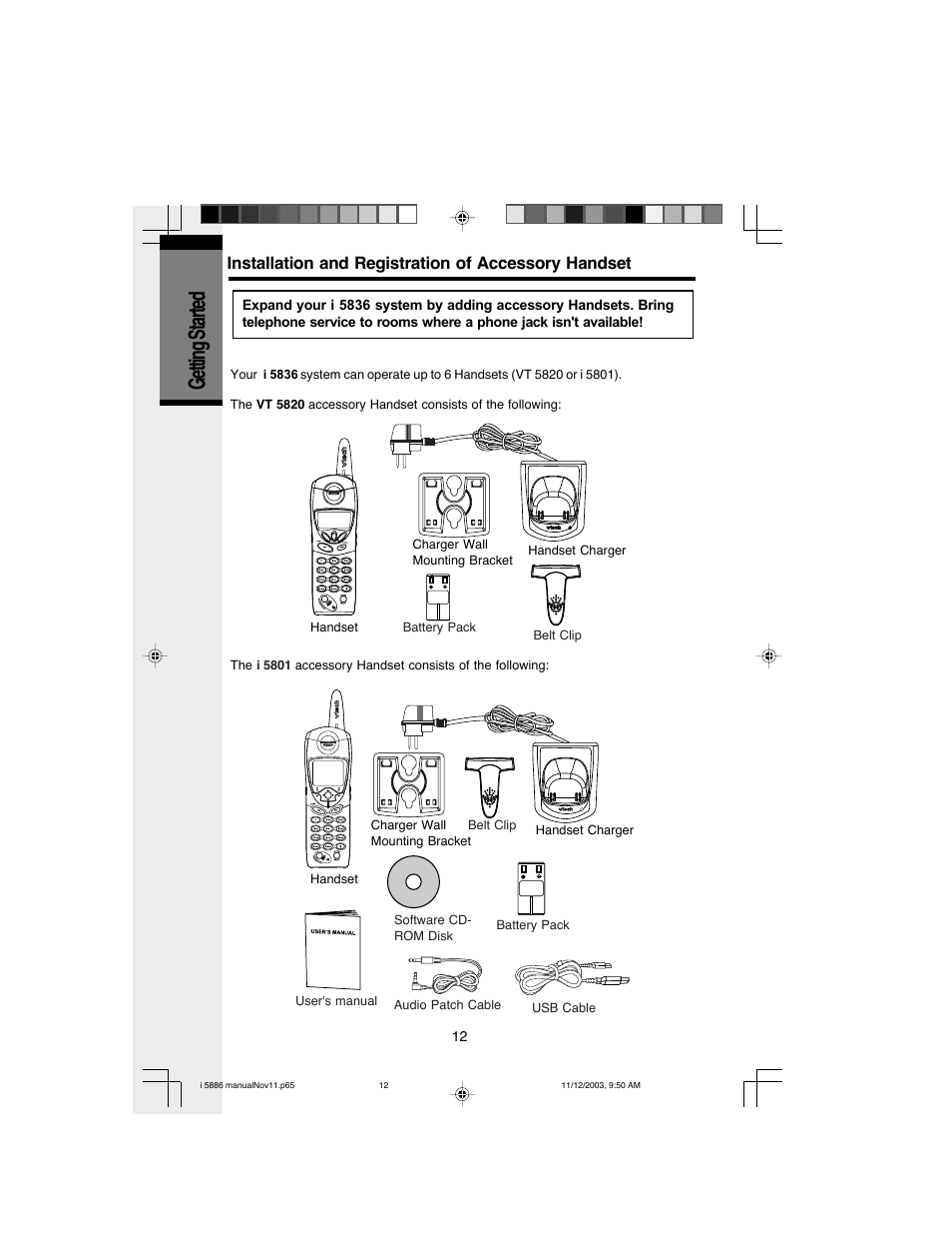 Getting started, Installation and registration of accessory handset | VTech i 5836 User Manual | Page 14 / 60