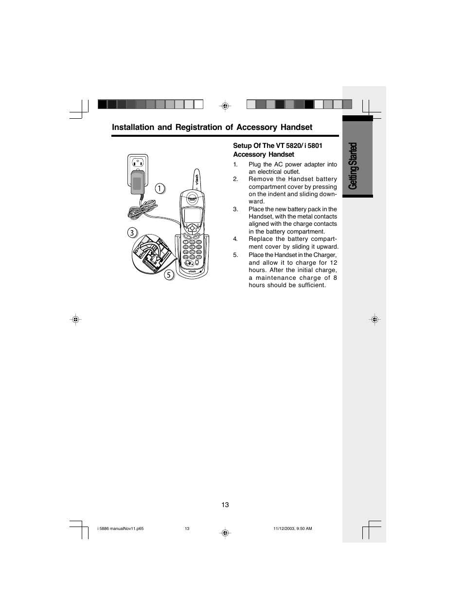 Getting started, Installation and registration of accessory handset | VTech i 5836 User Manual | Page 15 / 60