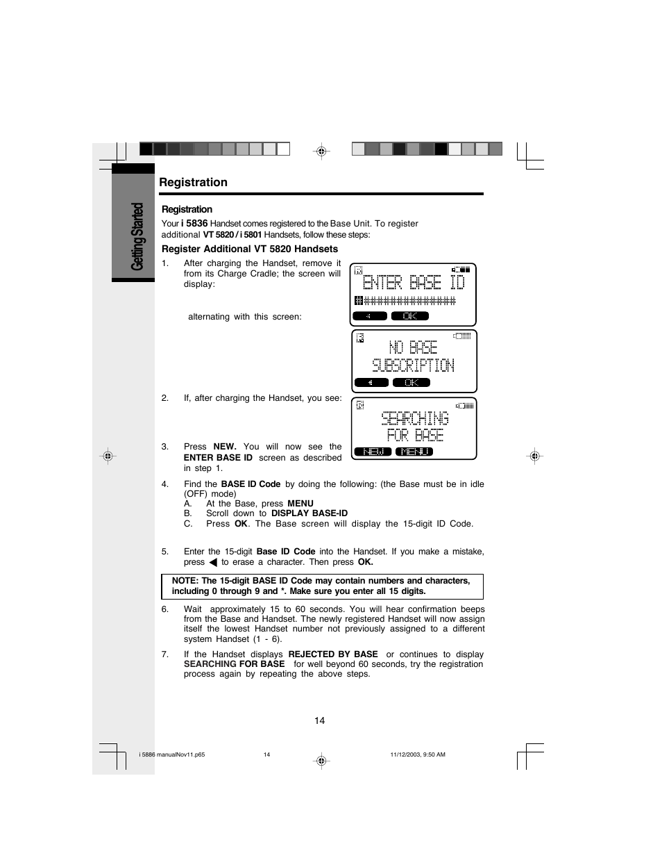 Getting started, Registration | VTech i 5836 User Manual | Page 16 / 60