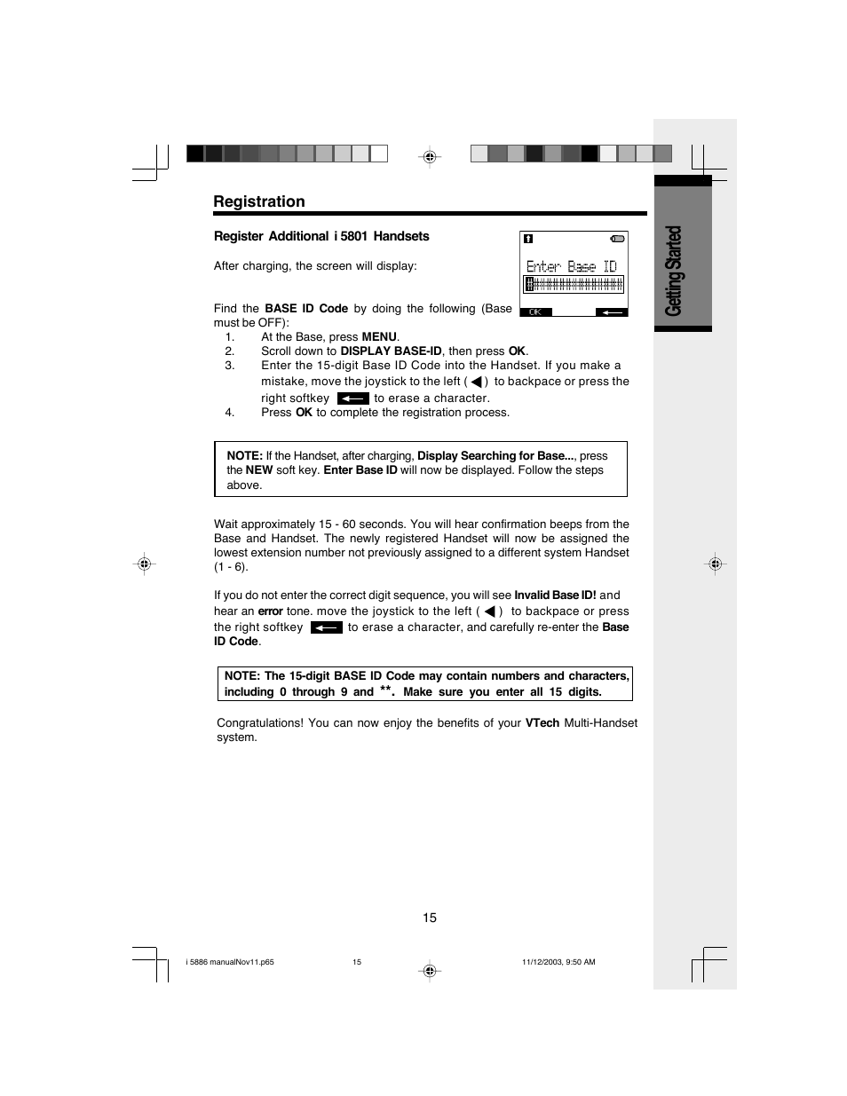 Getting started, Registration | VTech i 5836 User Manual | Page 17 / 60