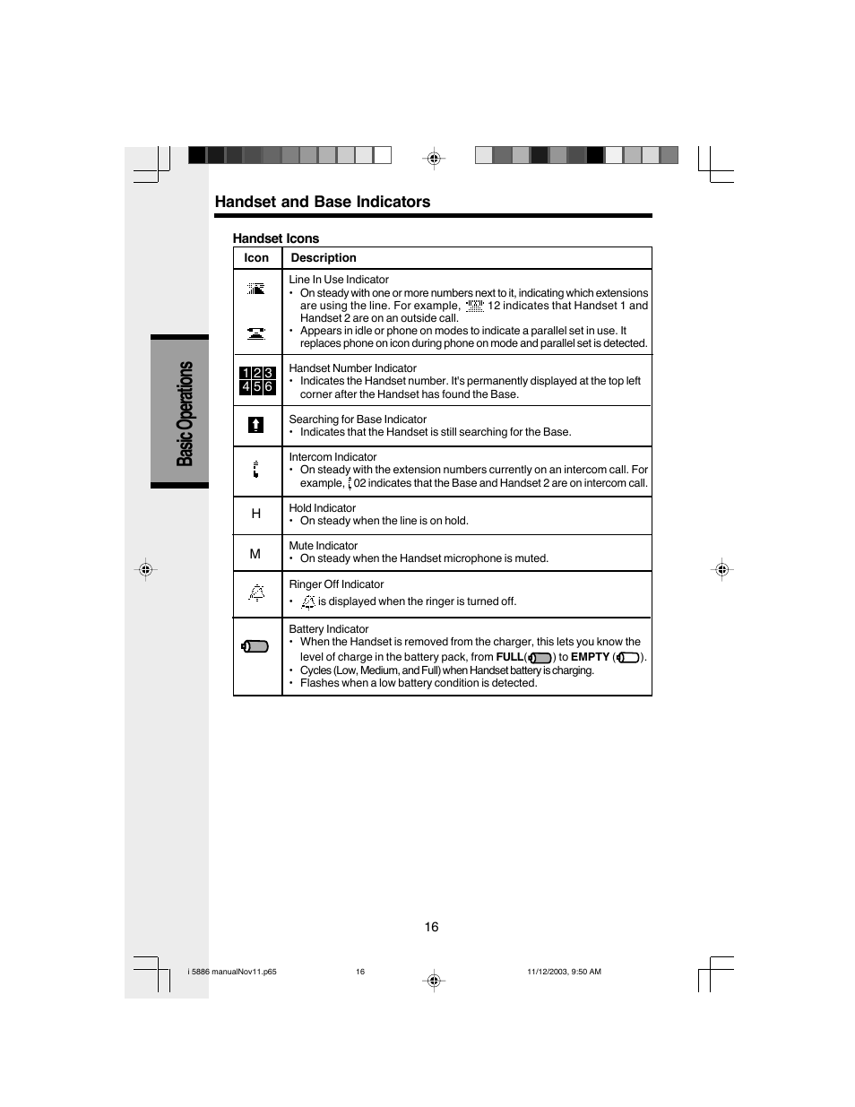 Basic operations, Handset and base indicators | VTech i 5836 User Manual | Page 18 / 60