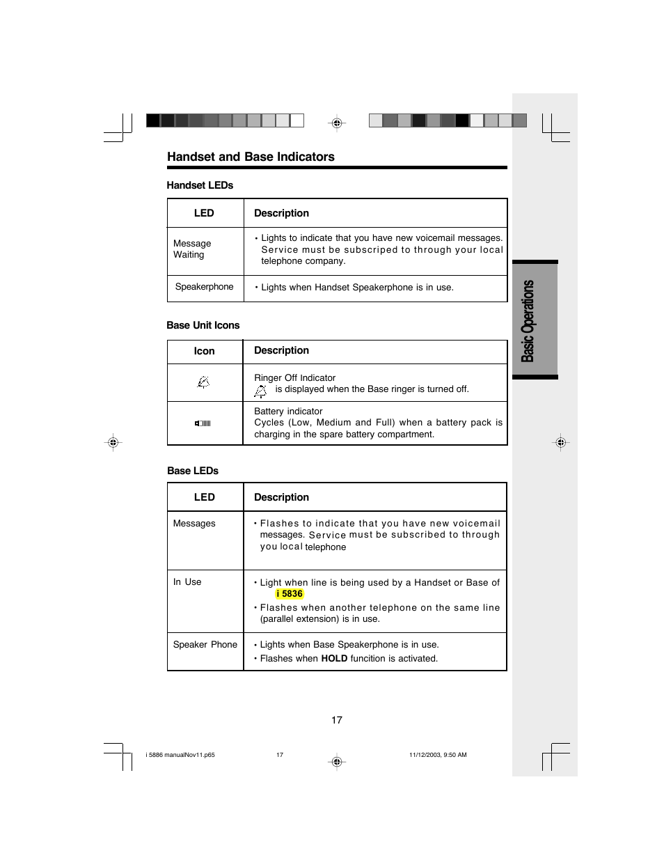 Basic operations, Handset and base indicators | VTech i 5836 User Manual | Page 19 / 60