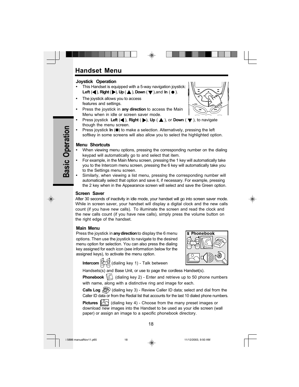 Basic operation, Handset menu | VTech i 5836 User Manual | Page 20 / 60