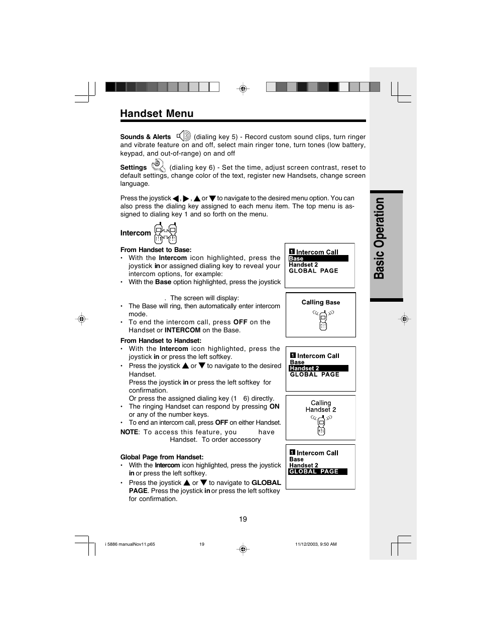 Basic o peration, Handset menu | VTech i 5836 User Manual | Page 21 / 60