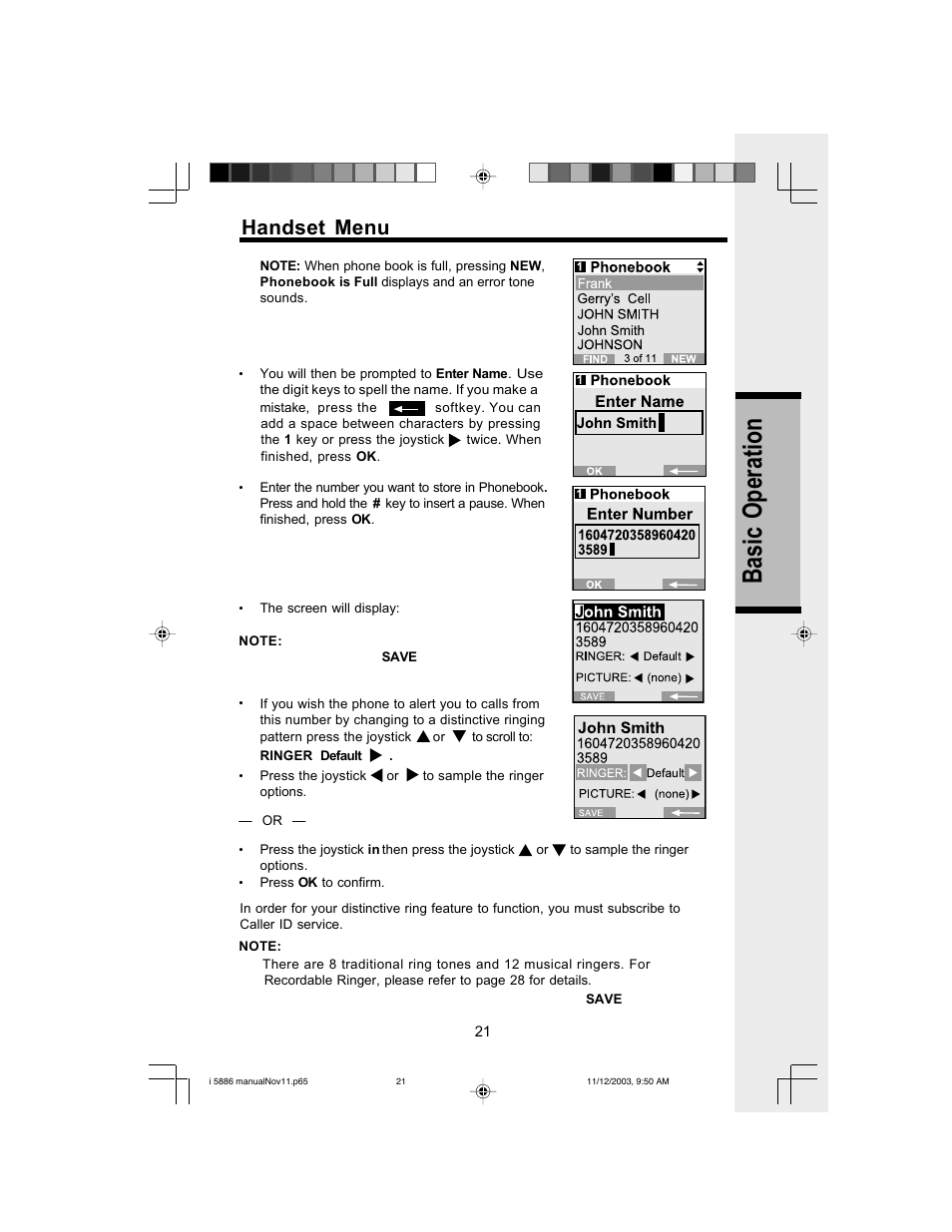 Basic o peration, Handset menu | VTech i 5836 User Manual | Page 23 / 60