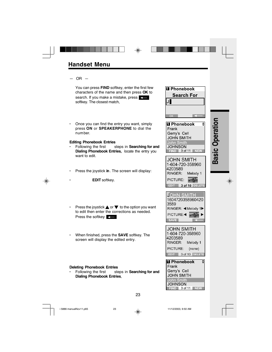 Basic operation, Handset menu | VTech i 5836 User Manual | Page 25 / 60