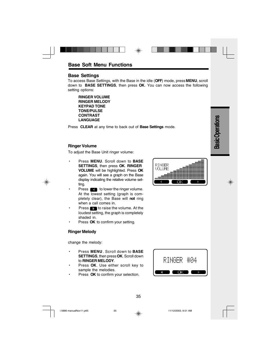 Basic operations, Base soft menu functions | VTech i 5836 User Manual | Page 37 / 60