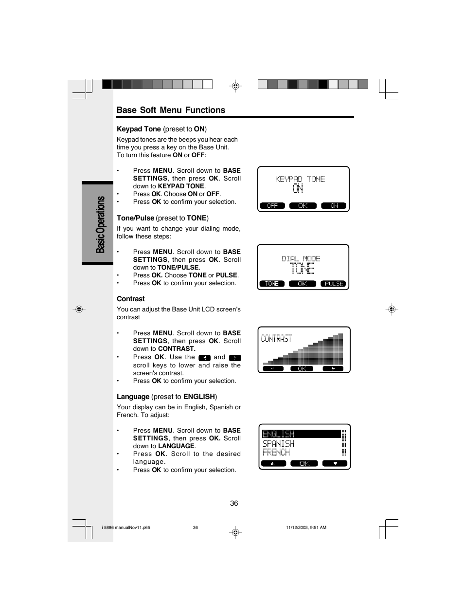 Basic operations, Base soft menu functions | VTech i 5836 User Manual | Page 38 / 60