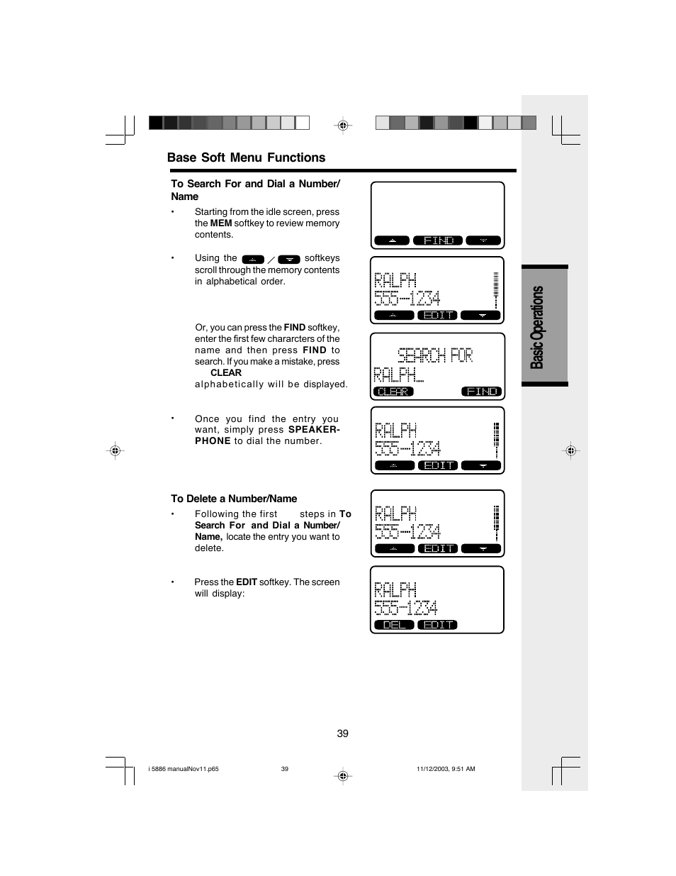 Basic operations, Base soft menu functions | VTech i 5836 User Manual | Page 41 / 60