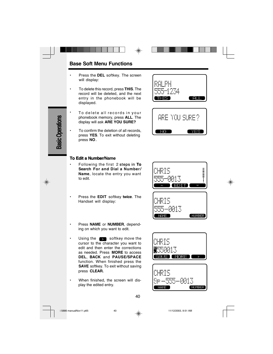 Basic operations, Base soft menu functions | VTech i 5836 User Manual | Page 42 / 60