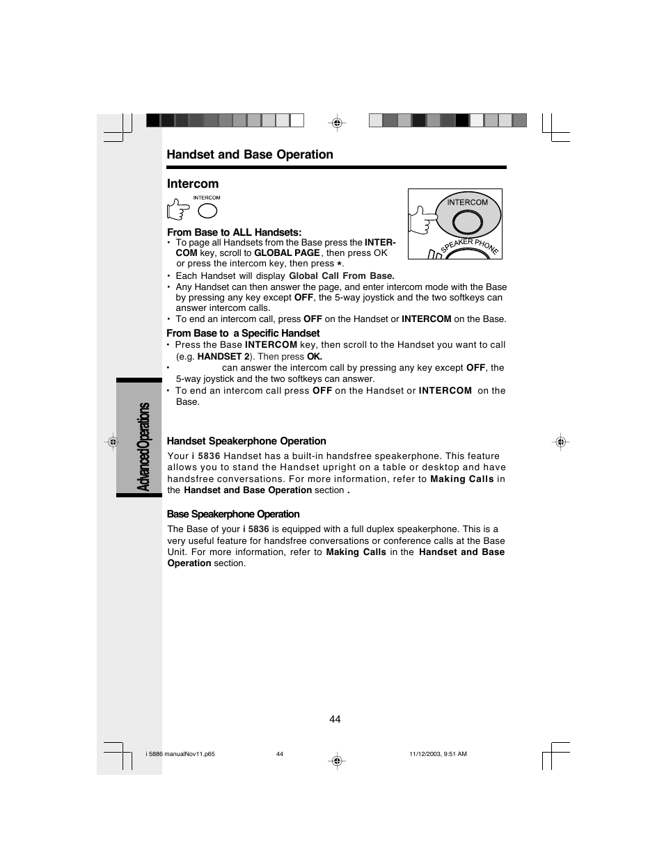 Advanced operations, Handset and base operation intercom | VTech i 5836 User Manual | Page 46 / 60