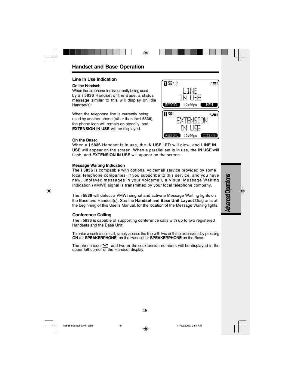 Advanced operations, Handset and base operation | VTech i 5836 User Manual | Page 47 / 60