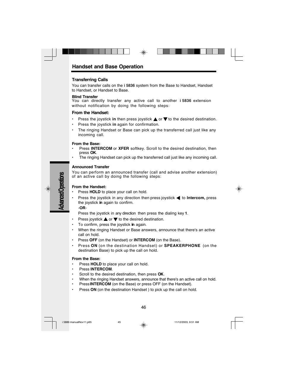 Advanced operations, Handset and base operation | VTech i 5836 User Manual | Page 48 / 60