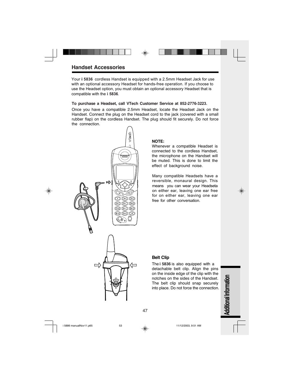 Additional information, Handset accessories | VTech i 5836 User Manual | Page 49 / 60