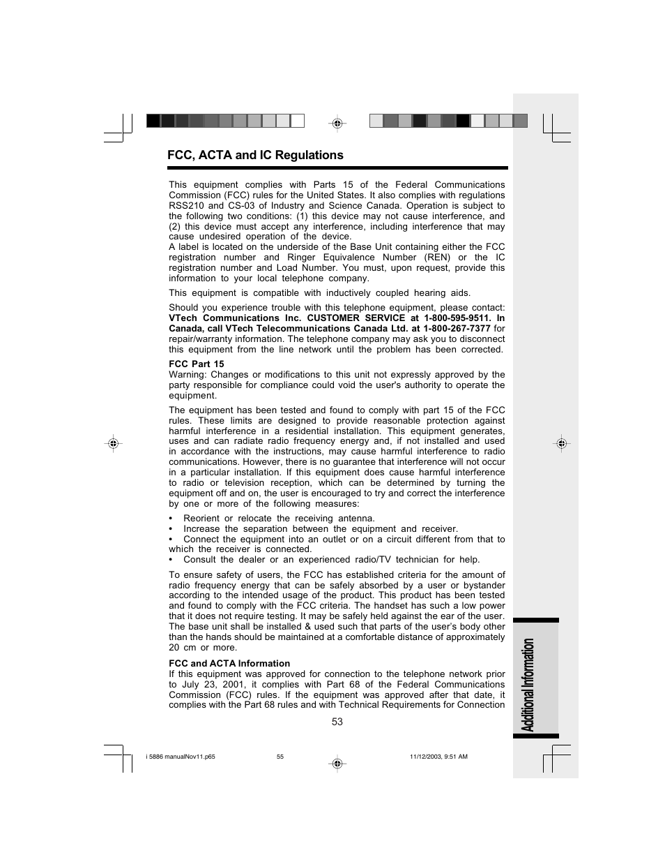 Additional information, Fcc, acta and ic regulations | VTech i 5836 User Manual | Page 55 / 60