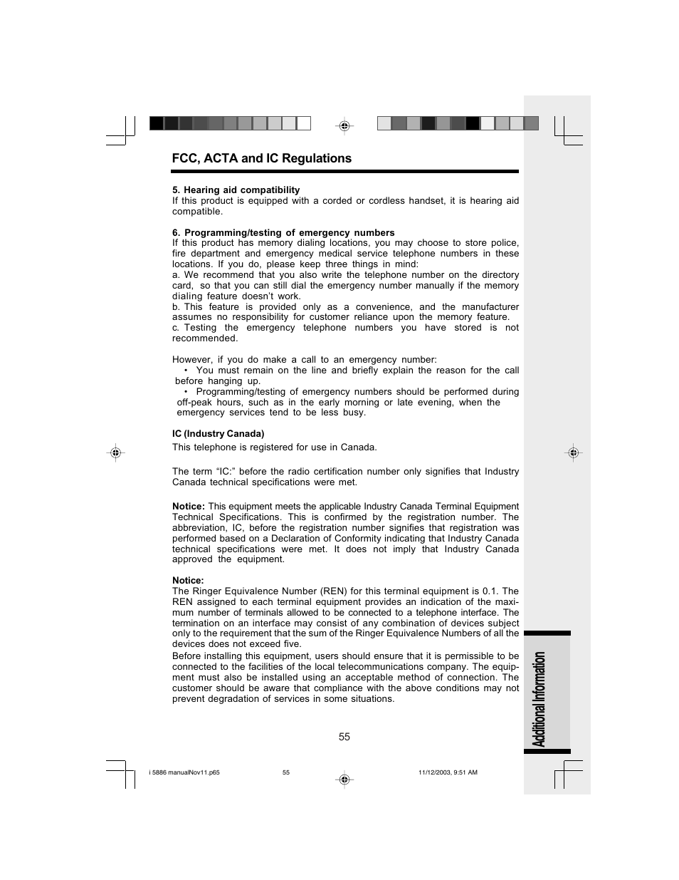 Additional information, Fcc, acta and ic regulations | VTech i 5836 User Manual | Page 57 / 60