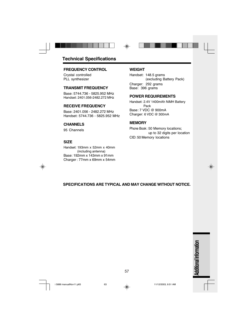 Additional information, Technical specifications | VTech i 5836 User Manual | Page 59 / 60