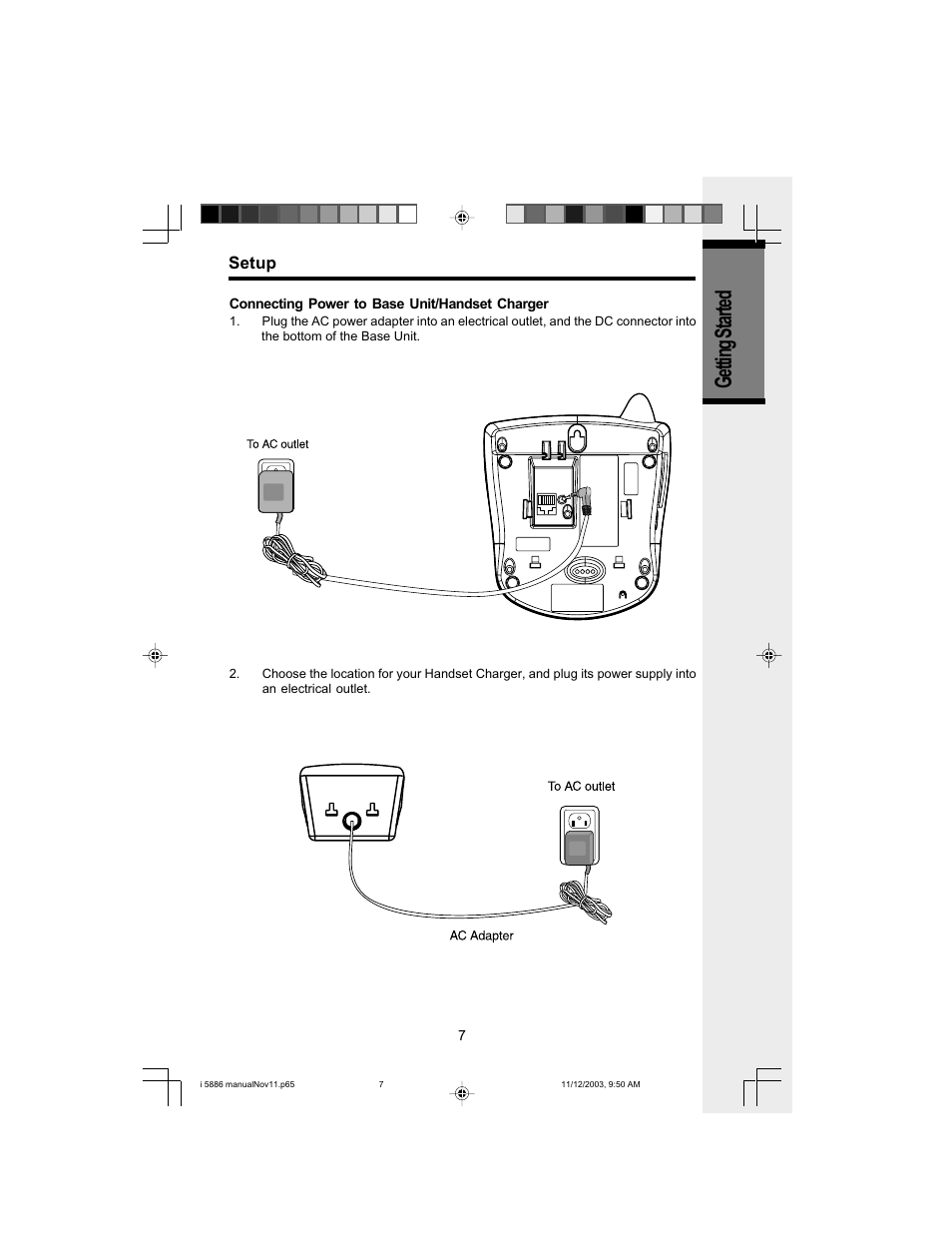 Getting started, Setup | VTech i 5836 User Manual | Page 9 / 60