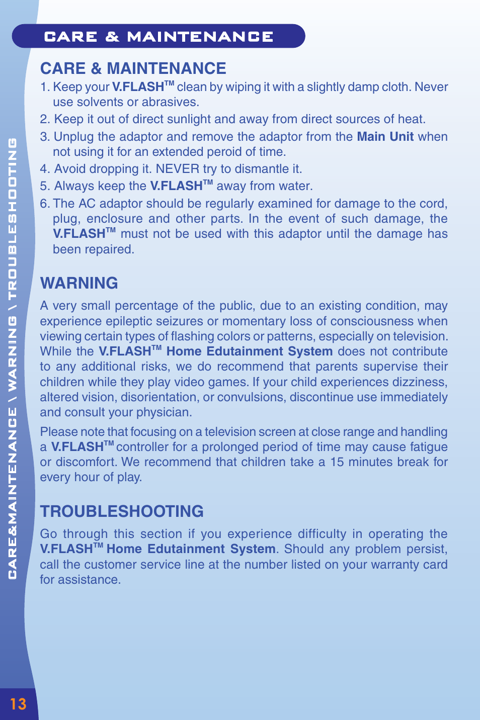 Care & maintenance, Warning, Troubleshooting | Care&maintenance \ w arning \ troubleshooting | VTech Home Edutainment System User Manual | Page 16 / 20
