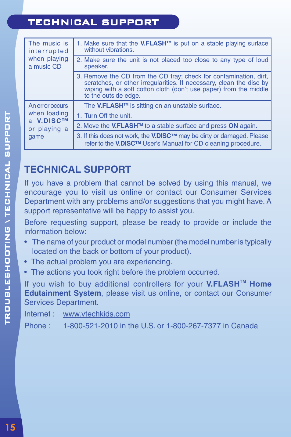 Technical support, Troubleshooting \ technic al suppor t | VTech Home Edutainment System User Manual | Page 18 / 20
