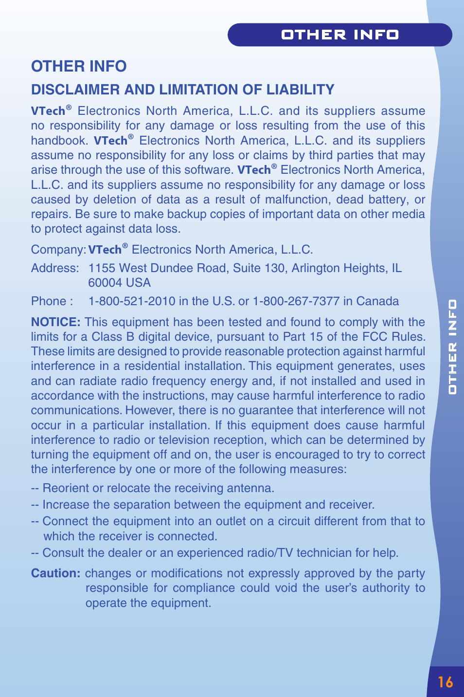 Other info | VTech Home Edutainment System User Manual | Page 19 / 20